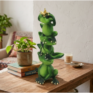 Three Tiered Crowned Frog Totem Figurine with Gilt Accents – Vertical Whimsical Amphibian Sculpture (24.5 cm)