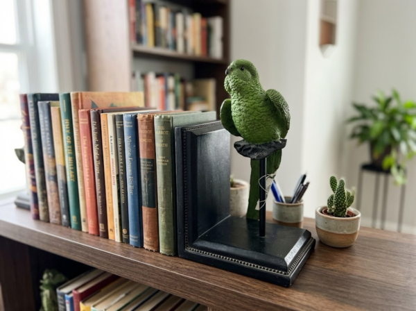 Perched Emerald Parakeet Bookend Figurine on Stepped Ebony Stand – Avian Tabletop Sculpture (12×20 cm)