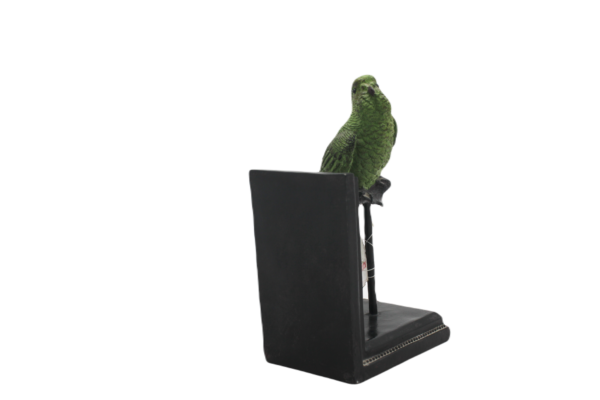 Perched Emerald Parakeet Bookend Figurine on Stepped Ebony Stand – Avian Tabletop Sculpture (12×20 cm)