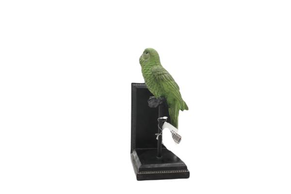 Perched Emerald Parakeet Bookend Figurine on Stepped Ebony Stand – Avian Tabletop Sculpture (12×20 cm)