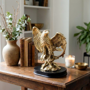 Handcrafted Artisan Golden Soaring Eagle on Pedestal Base – Majestic Tabletop Wildlife Statuette (14×16 cm)
