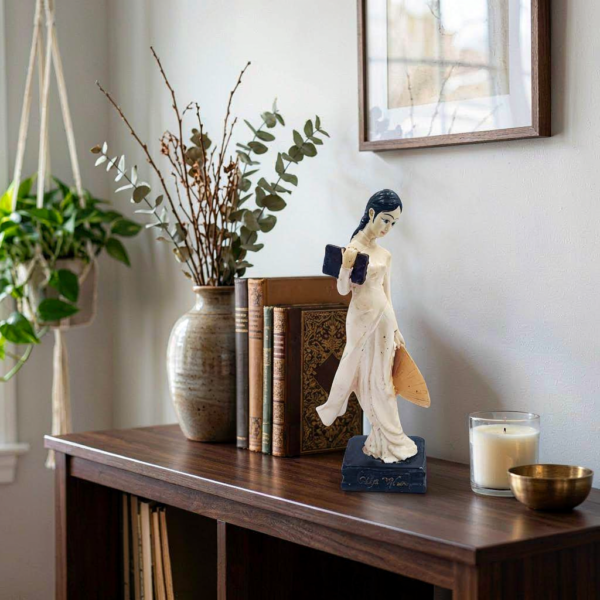 Hand-Painted Ceramic Scholar Maiden Figurine on Plinth – Flowing Robe Lady Statue (20×7 cm)