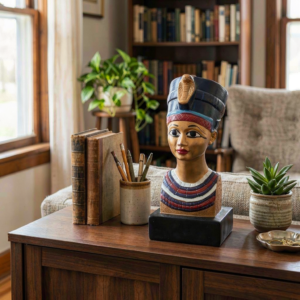 Royal Queen Nefertiti Bust Figurine on Pedestal – Ancient Sovereign Head Sculpture