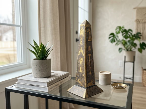 Hieroglyphic Tapered Obelisk Tower on Flared Pedestal – Gilt Basalt Altar Monument (17×6 cm)