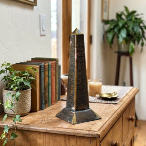 Hieroglyphic Grand Obelisk Tower on Stepped Flared Base – Gilt Basalt Altar Stele Monument (20×8 cm)